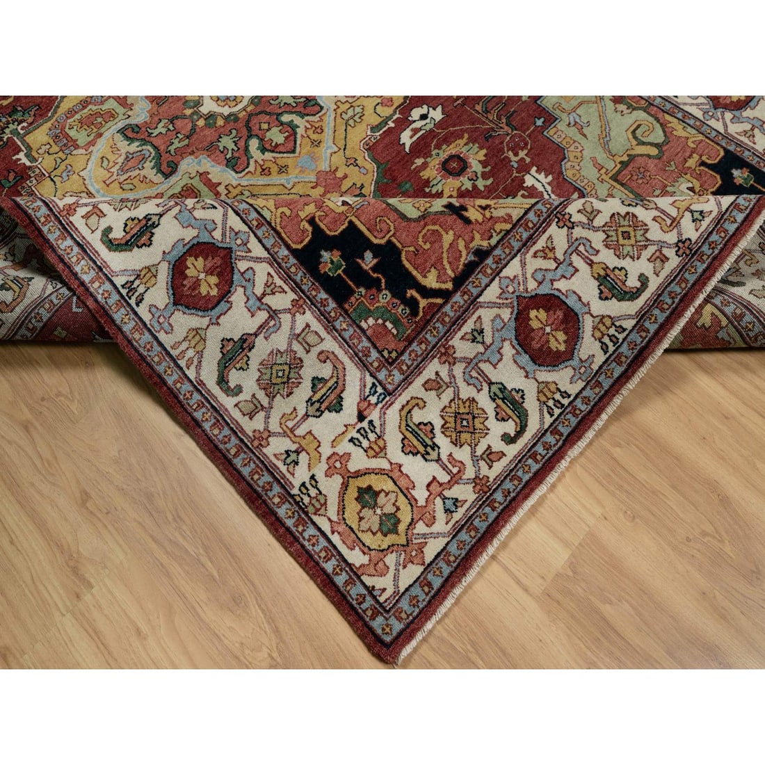 Brick Red Antiqued Fine Heriz Re-Creation Hand Knotted Soft Wool Rug - 6