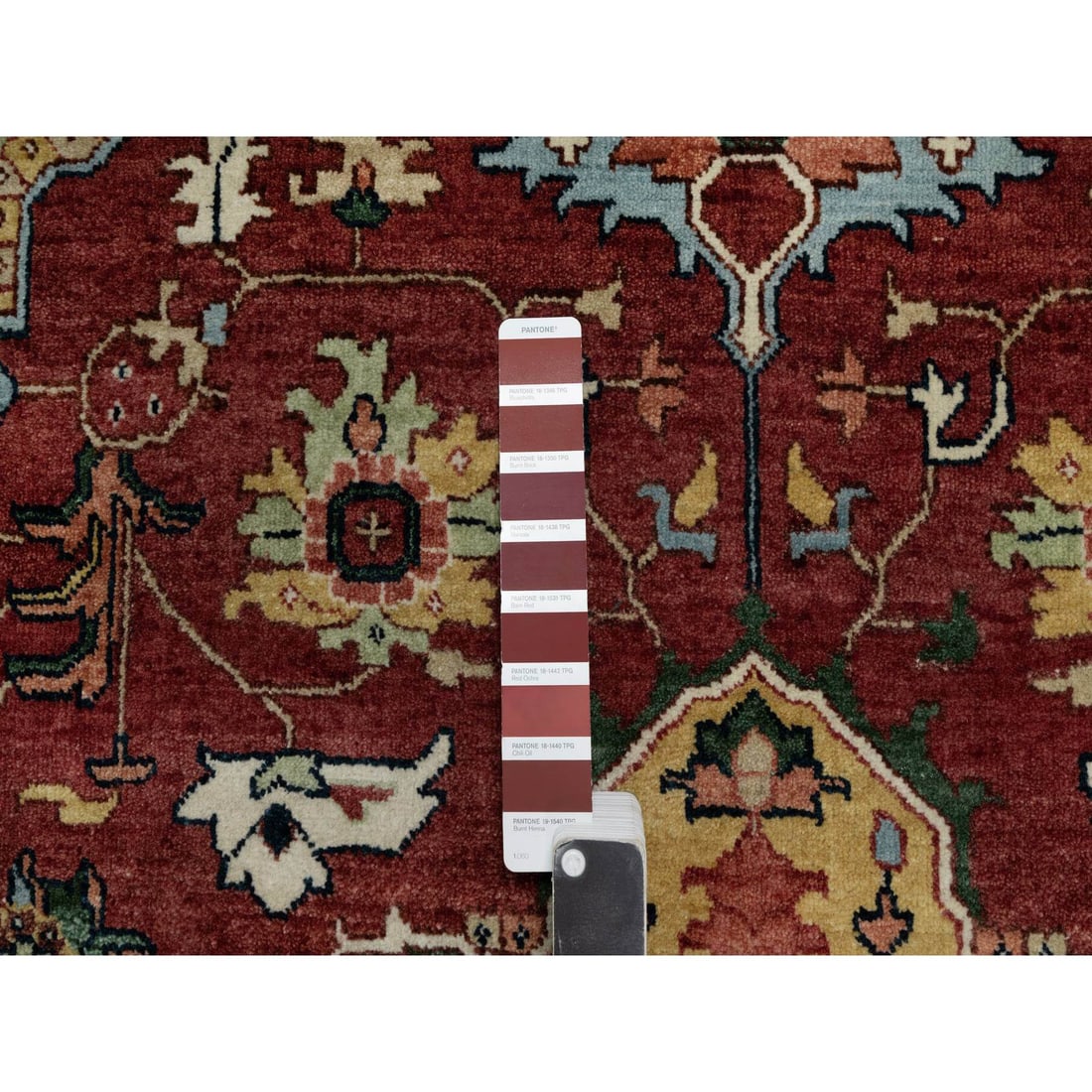 Brick Red Antiqued Fine Heriz Re-Creation Hand Knotted Soft Wool Rug - 7