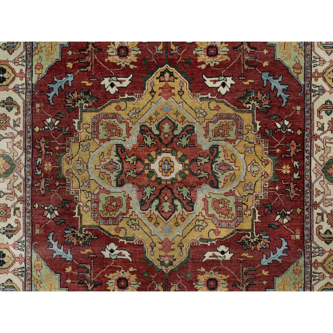 Brick Red Antiqued Fine Heriz Re-Creation Hand Knotted Soft Wool Rug - 8