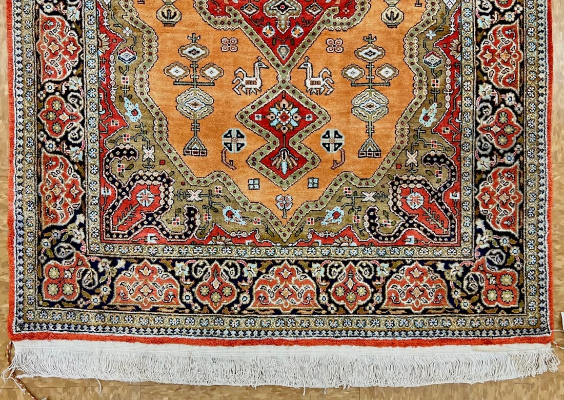 Hand-Knotted Persian Qum 100% Silk Semi-Antique Gold Oriental Rug 2'8" x 4'3" - 2