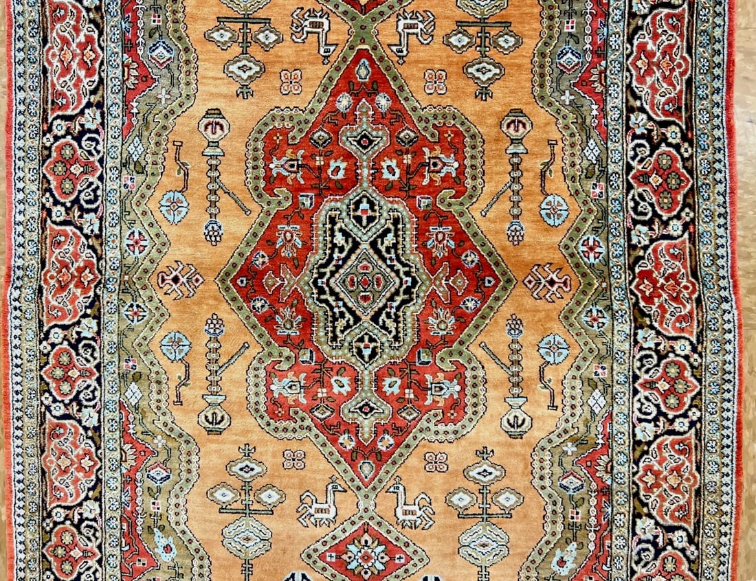 Hand-Knotted Persian Qum 100% Silk Semi-Antique Gold Oriental Rug 2'8" x 4'3" - 3