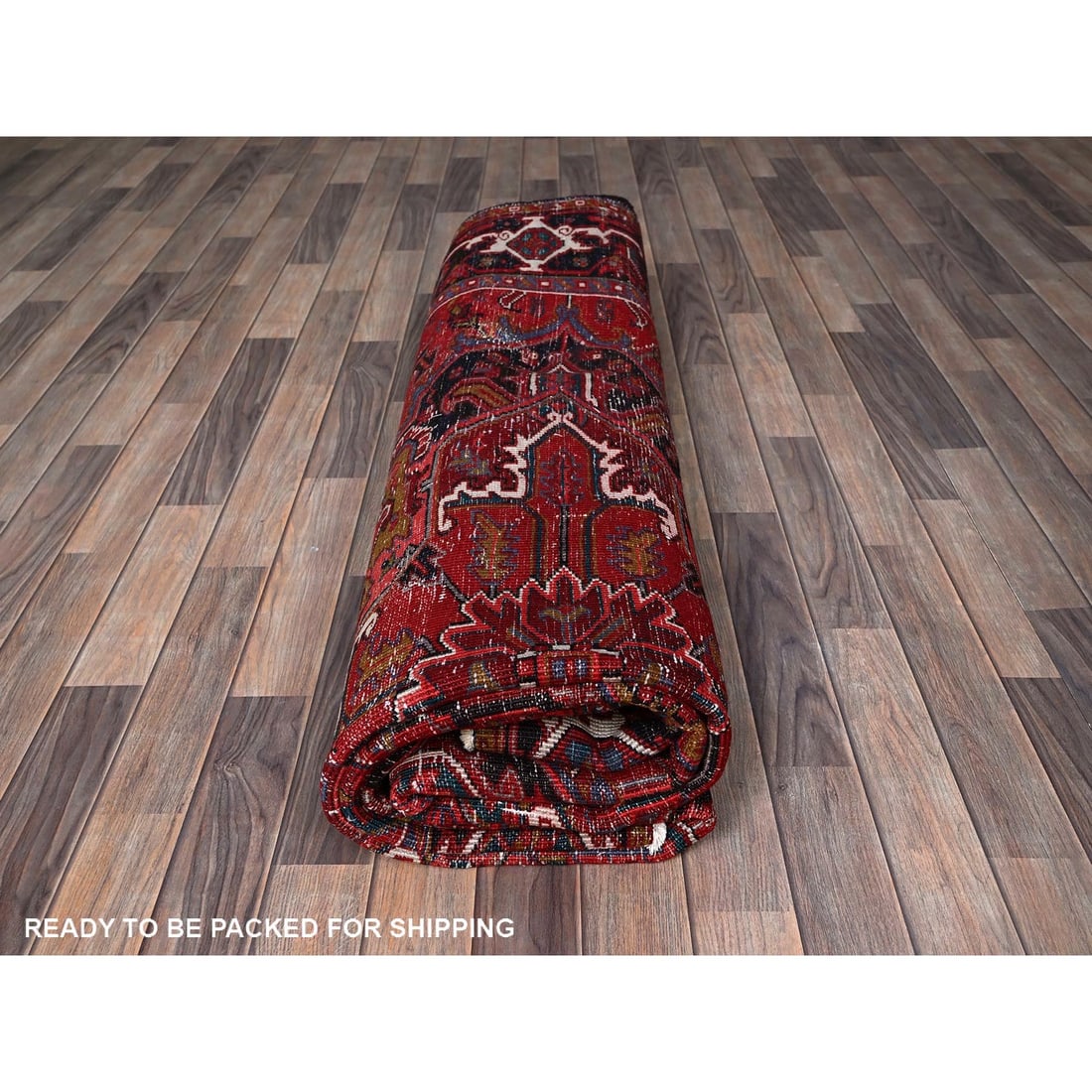 Red Vintage Persian Heriz with Medallion Design Wool Hand Knotted Rug - 9