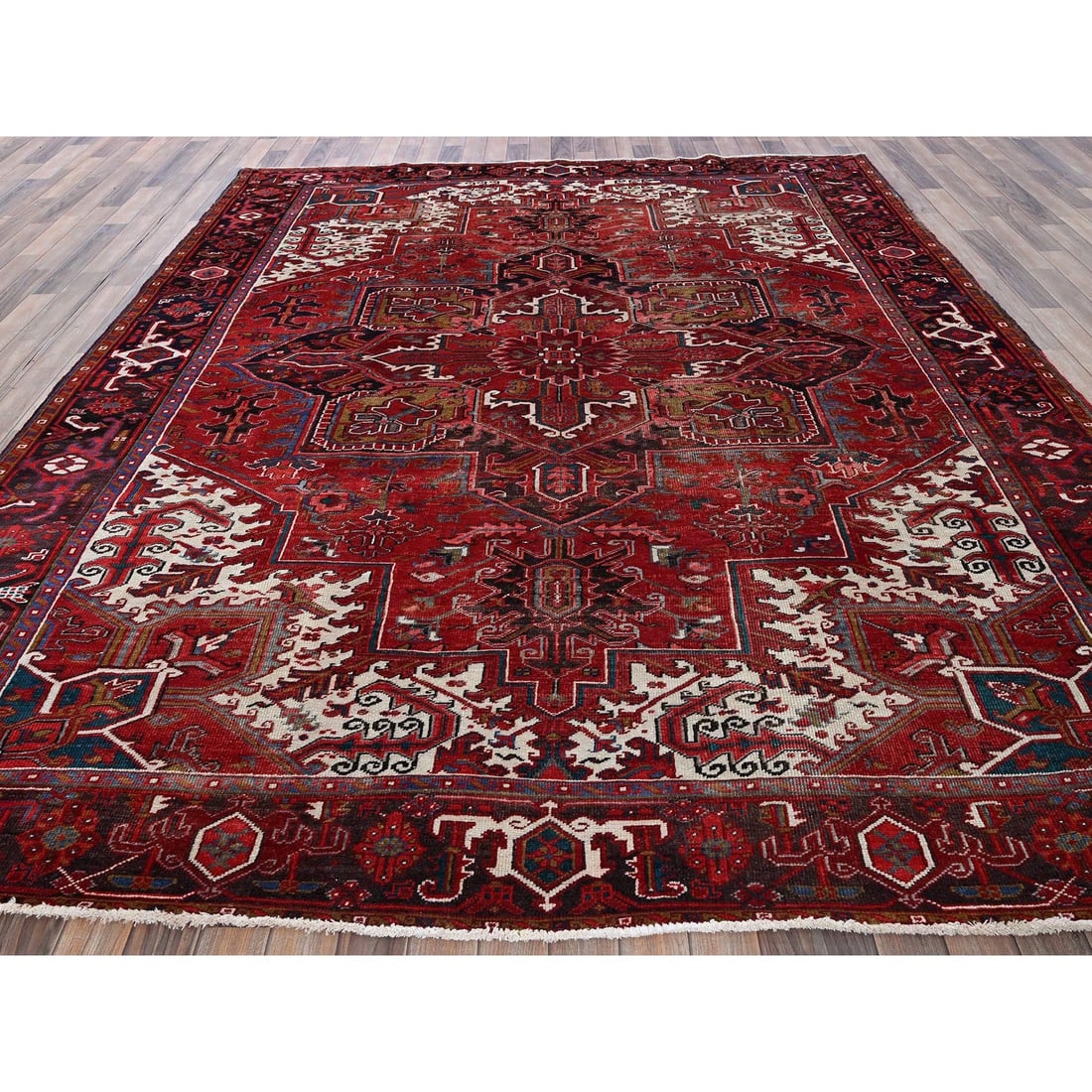Red Vintage Persian Heriz with Medallion Design Wool Hand Knotted Rug - 2