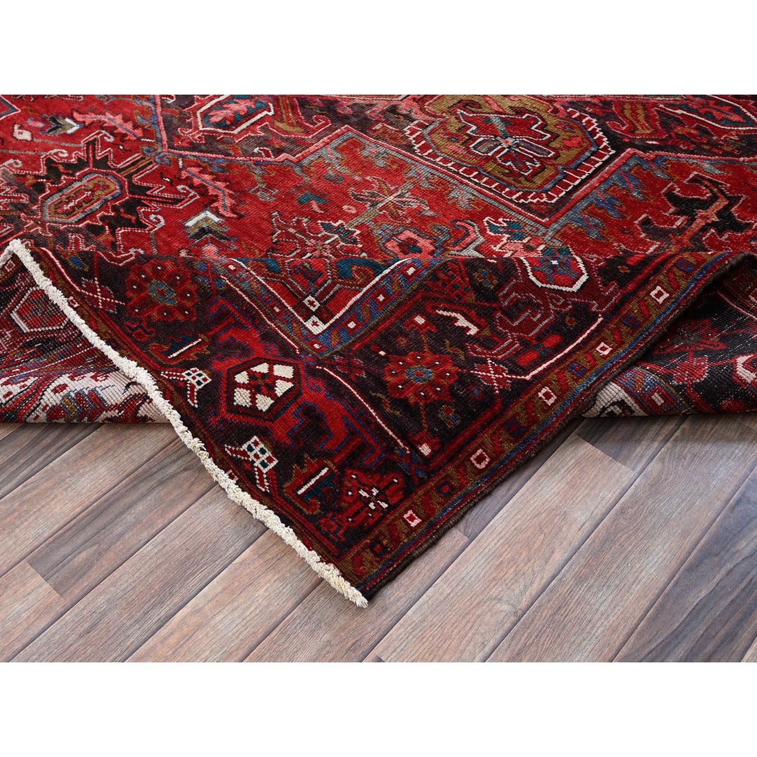 Red Vintage Persian Heriz with Medallion Design Wool Hand Knotted Rug - 6