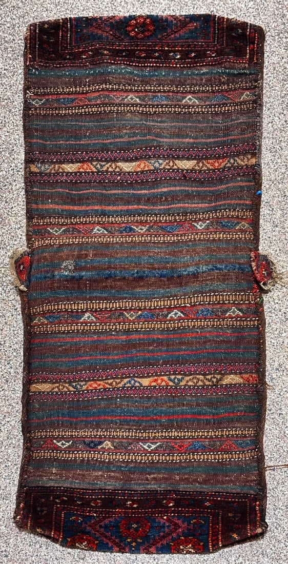 Hand-Knotted Antique Persian Farahan Tribal Double Saddle Bag Wool Rug 1'9" x 4'3" - 14
