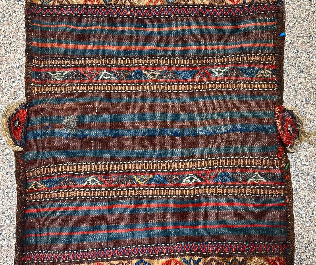 Hand-Knotted Antique Persian Farahan Tribal Double Saddle Bag Wool Rug 1'9" x 4'3" - 16