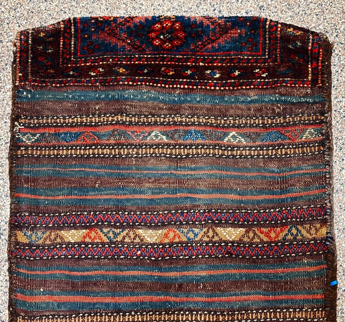 Hand-Knotted Antique Persian Farahan Tribal Double Saddle Bag Wool Rug 1'9" x 4'3" - 17