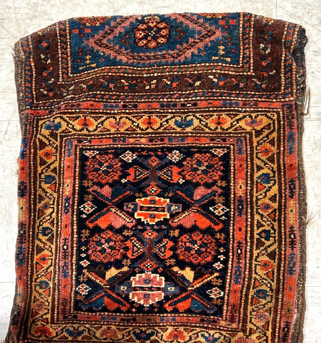 Hand-Knotted Antique Persian Farahan Tribal Double Saddle Bag Wool Rug 1'9" x 4'3" - 7