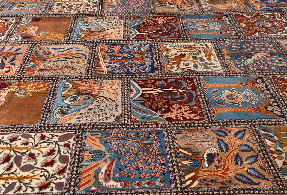 Vintage Khaki Pictorial 10X13 Kashmar Persian Rug - 12