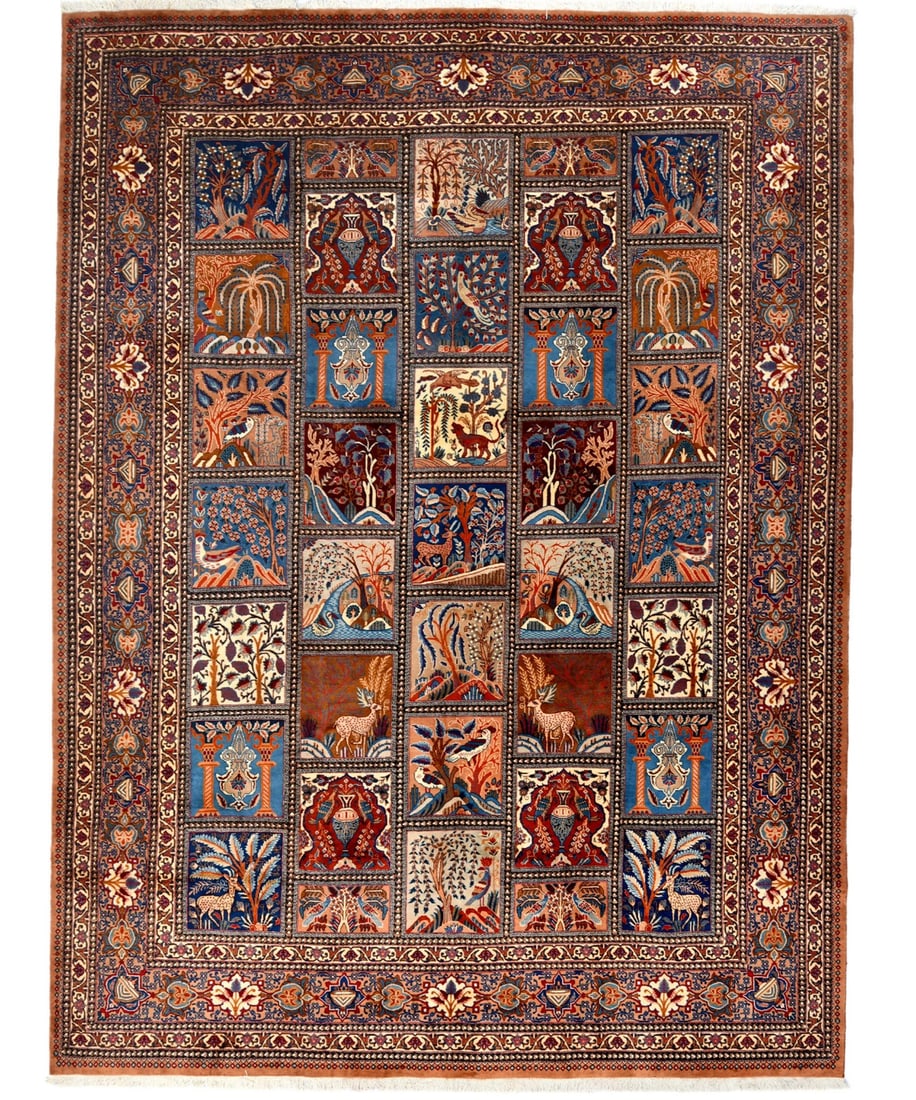 Vintage Khaki Pictorial 10X13 Kashmar Persian Rug: Title: Vintage Khaki Pictorial 10X13 Kashmar Persian Rug Description:Handmade vintage 10X13 khaki Persian rug made with vegetable dyes (fine wool pile and cotton foundation), superior knot count, and