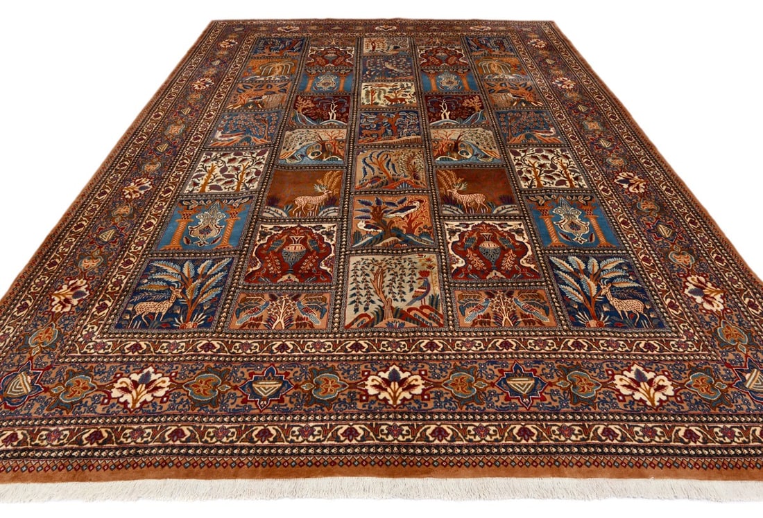 Vintage Khaki Pictorial 10X13 Kashmar Persian Rug - 3