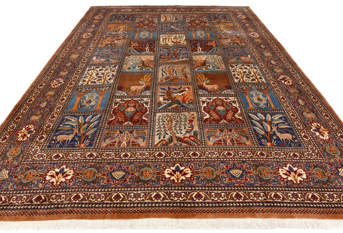 Vintage Khaki Pictorial 10X13 Kashmar Persian Rug - 4