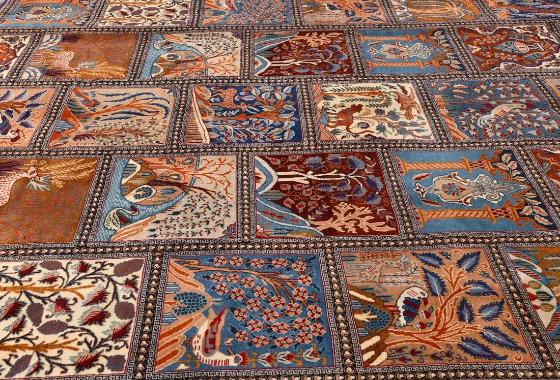 Vintage Khaki Pictorial 10X13 Kashmar Persian Rug - 8