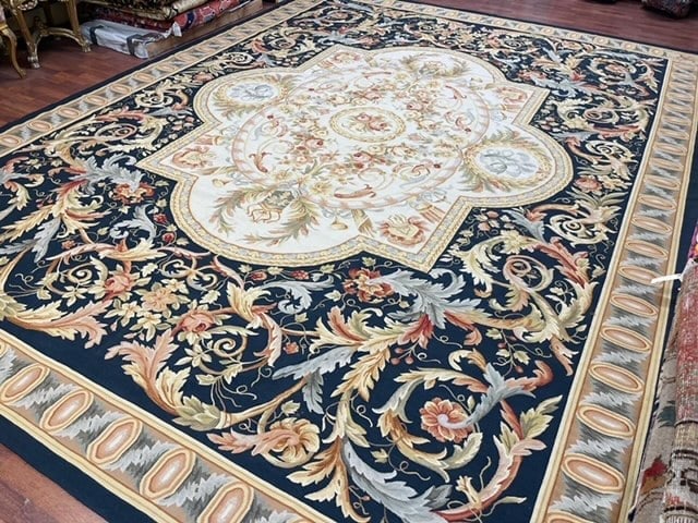Vintage Neddlepoint Aubussan Rug-FA: Title:Vintage Neddlepoint Aubussan Rug-FA Description:Beautiful vintage needlepoint Abususson rug, from China, size 10 ft.3 inches by 13 ft. 9 inches,circa 1990, exellent condition , complete rug