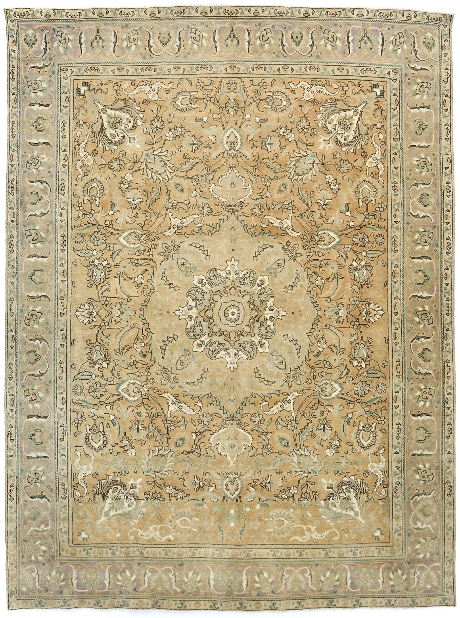 Semi Antique Muted Floral 9'7X12'5 Distressed Vintage Oriental Rug: Title: Semi Antique Muted Floral 9'7X12'5 Distressed Vintage Oriental Rug Description:Hand Knotted 9'7X12'5 brown oriental rug made with vegetable dyes (fine wool pile and cotton foundation),