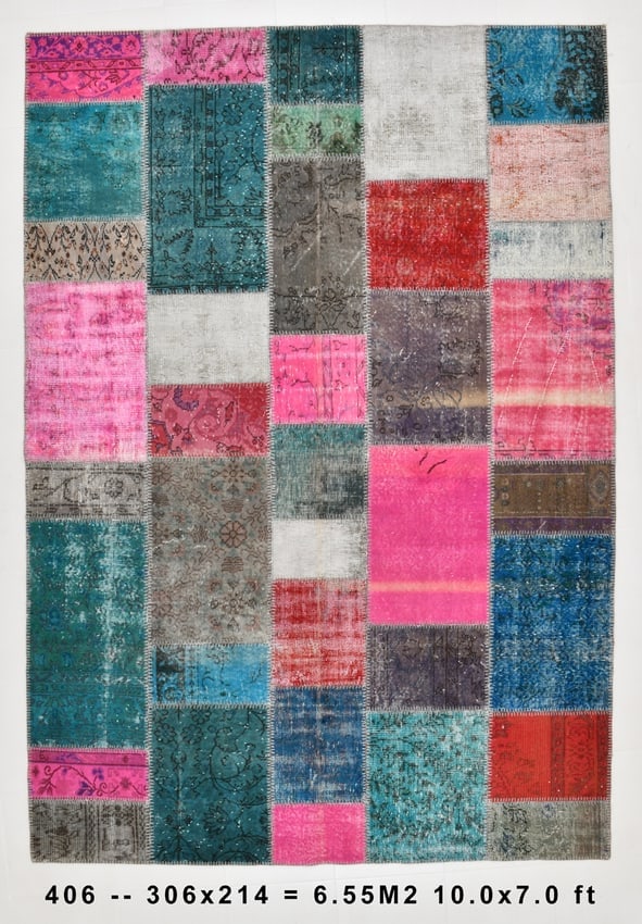 7'0'' x 10'0'' Handmade Vintage Wool Patchwork Rug - 406: Title: 7'0'' x 10'0'' Handmade Vintage Wool Patchwork Rug - 406 Description:7'0'' x 10'0'' Handmade Vintage Wool Patchwork Rug - 406 Origin:Turkiye Date/Period:1960-90 Materials:Wool,Cotton