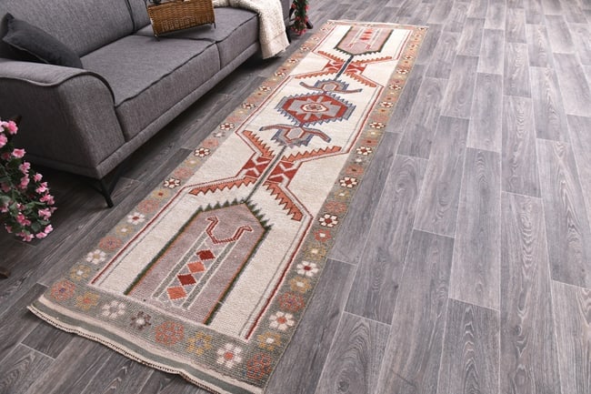 3'2'' x 11'5'' Handmade Vintage Wool Rug - 21698 - 2