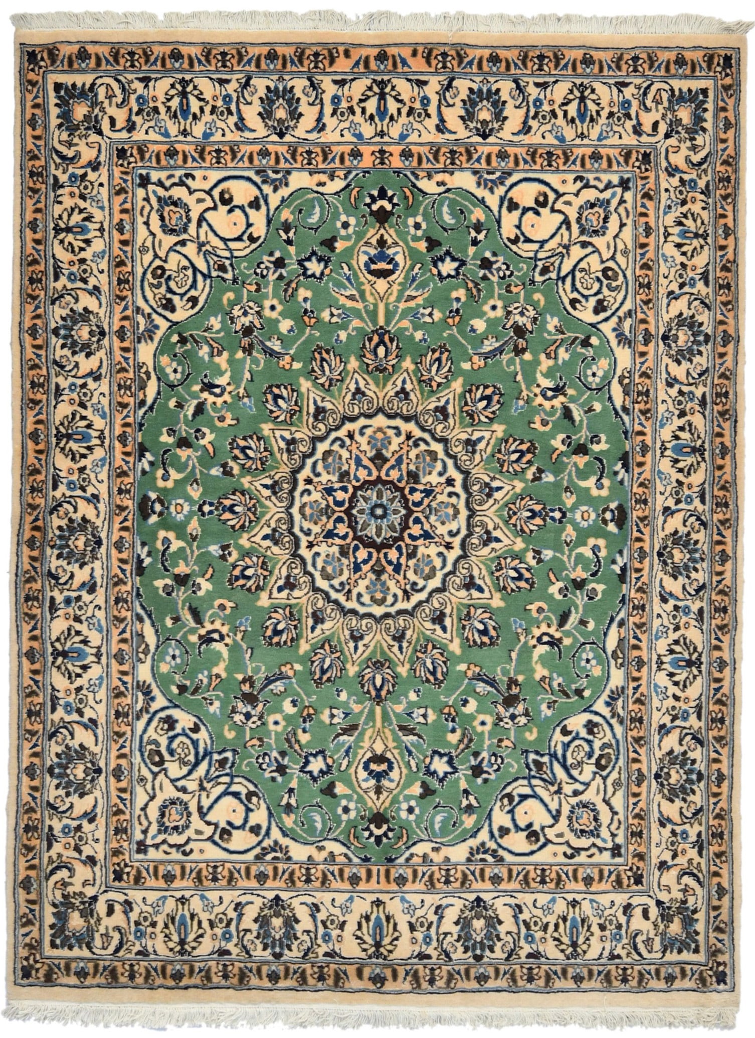 Vintage Floral Classic Green 5X7 Nain Persian Rug: Title: Vintage Floral Classic Green 5X7 Nain Persian Rug Description:Handmade vintage 5X7 green Persian rug made with vegetable dyes (fine wool pile and cotton foundation), superior knot count, and