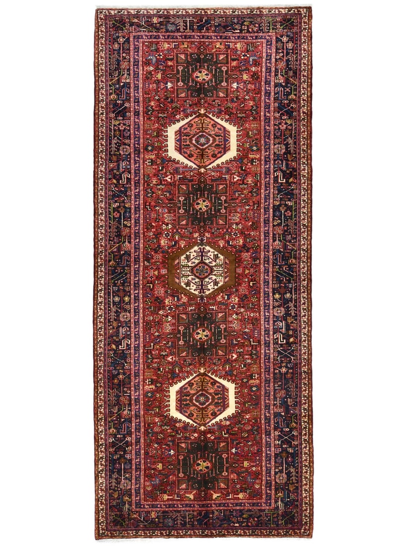 Vintage Red Geometric 5X13 Karajeh Persian Runner Rug: Title: Vintage Red Geometric 5X13 Karajeh Persian Runner Rug Description:Handmade vintage 5X13 red Persian runner made with vegetable dyes (fine wool pile and cotton foundation), superior knot count, 