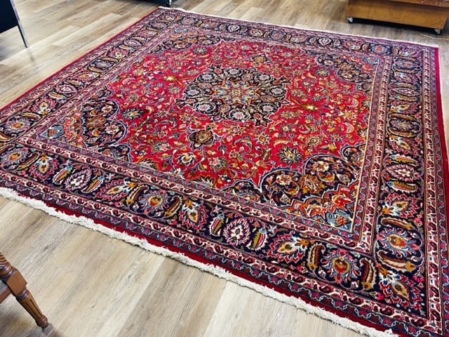 Vintage Persian Square Size Mashad Rug-5132: Title:Vintage Persian Square Size Mashad Rug-5132 Description:Beautiful Vintage Persian Mashad rug from northeast Persia, square size 9 ft. 4 inches by 9 ft. 6 inches, circa 1950, excllent condition w