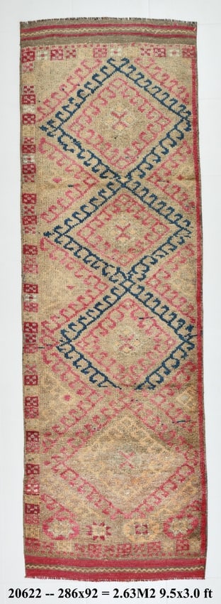 3'0'' x 9'4'' Handmade Vintage Wool Rug - 20622: Title: 3'0'' x 9'4'' Handmade Vintage Wool Rug - 20622 Description:3'0'' x 9'4'' Handmade Vintage Wool Rug - 20622 Origin:Turkiye Date/Period:1960-90 Materials:Wool,Cotton Dimension:3'0''x9'4'' ft, 92