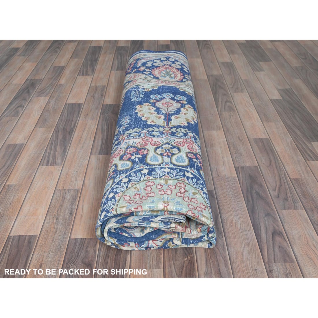 Blue Distressed Look Hand Knotted Worn Wool Vintage Persian Kerman Rug - 9