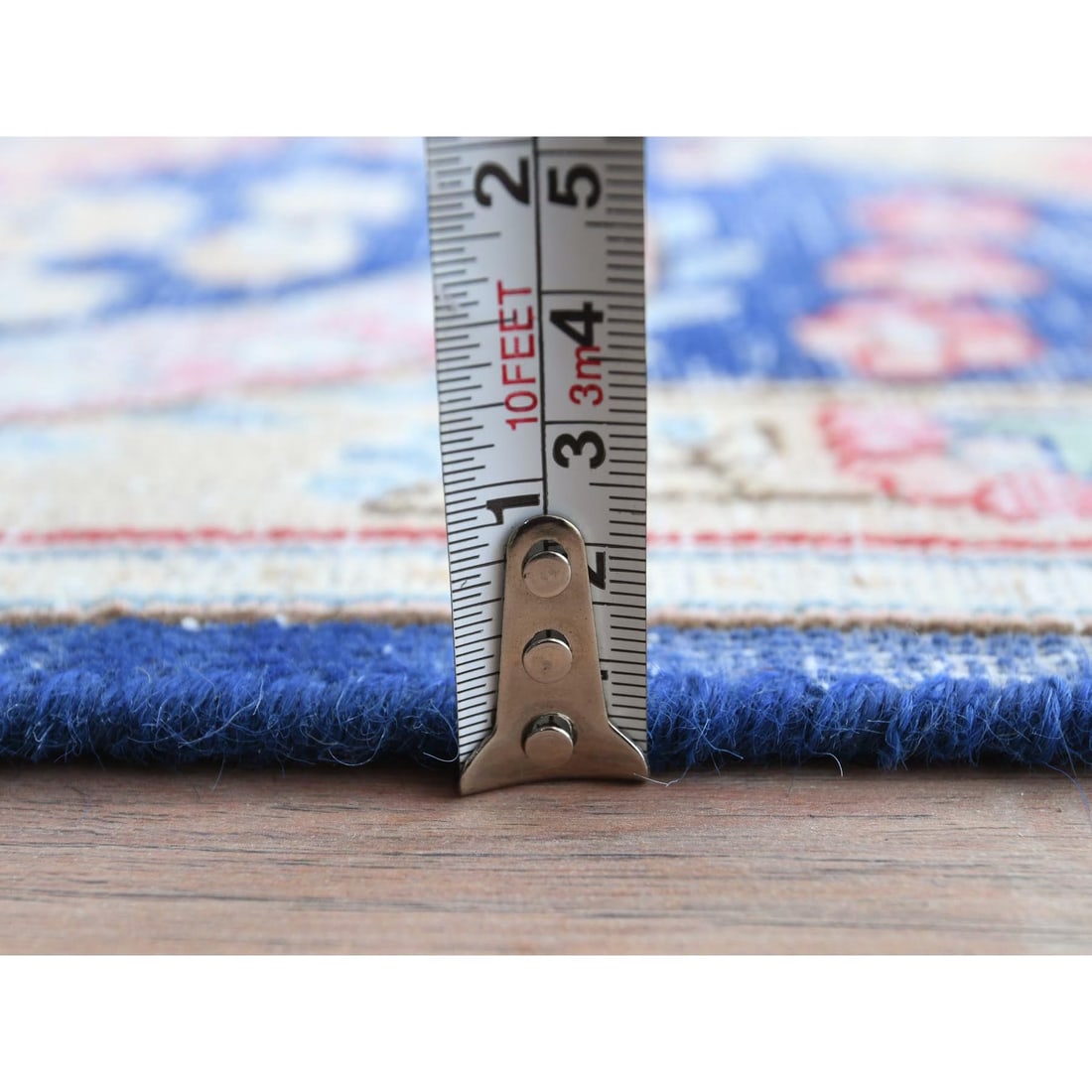 Blue Distressed Look Hand Knotted Worn Wool Vintage Persian Kerman Rug - 10