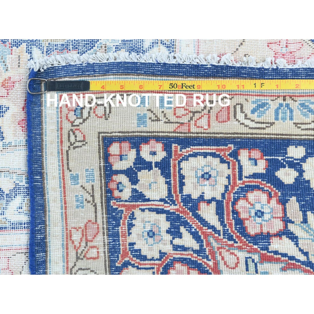 Blue Distressed Look Hand Knotted Worn Wool Vintage Persian Kerman Rug - 11
