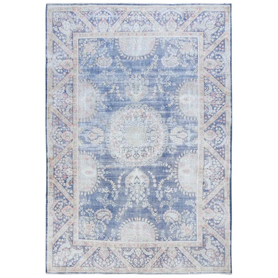 Blue Distressed Look Hand Knotted Worn Wool Vintage Persian Kerman Rug: Title: Blue Distressed Look Hand Knotted Worn Wool Vintage Persian Kerman Rug Description:This is a truly genuine one-of-a-kind. It has been Knotted for months and months in the centuries-old weaving