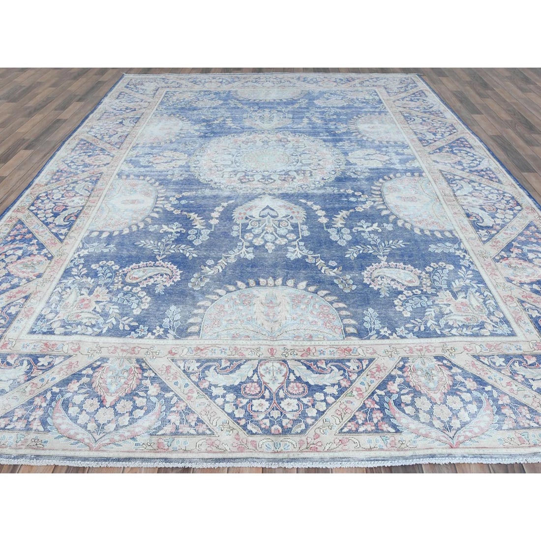 Blue Distressed Look Hand Knotted Worn Wool Vintage Persian Kerman Rug - 2