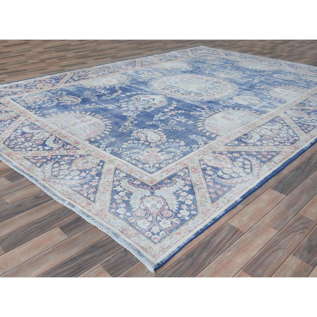 Blue Distressed Look Hand Knotted Worn Wool Vintage Persian Kerman Rug - 3