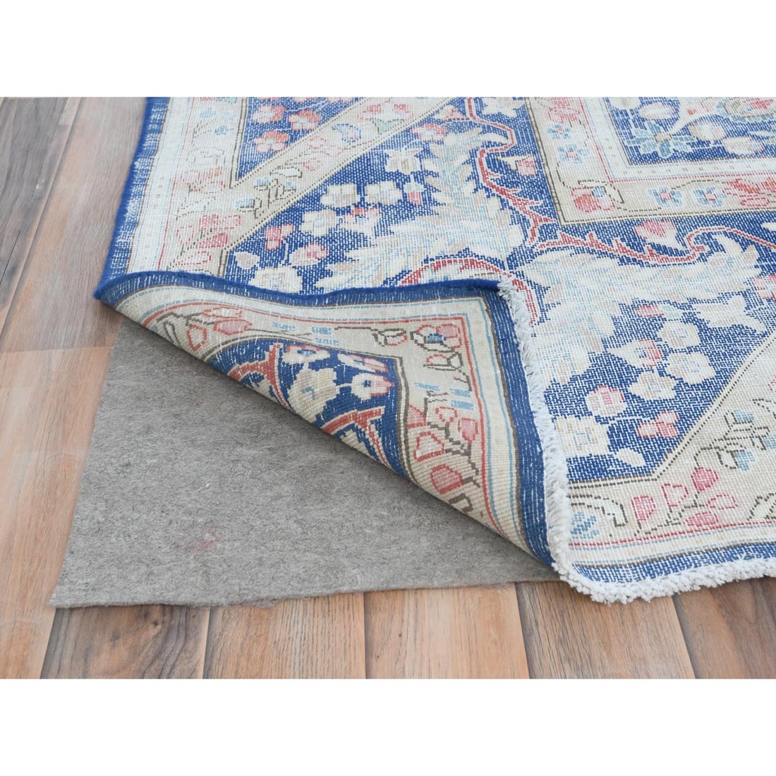 Blue Distressed Look Hand Knotted Worn Wool Vintage Persian Kerman Rug - 4