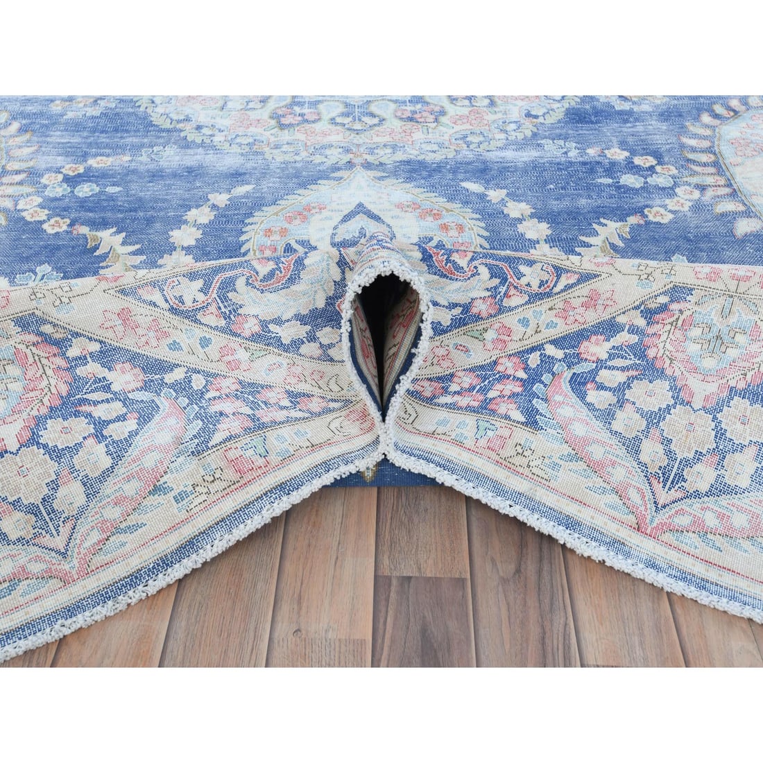 Blue Distressed Look Hand Knotted Worn Wool Vintage Persian Kerman Rug - 5