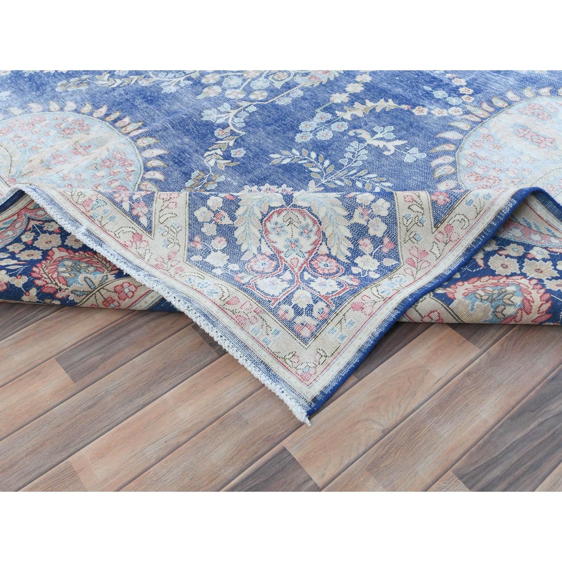Blue Distressed Look Hand Knotted Worn Wool Vintage Persian Kerman Rug - 6