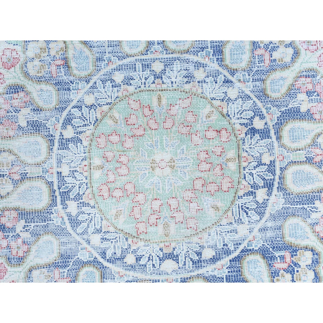 Blue Distressed Look Hand Knotted Worn Wool Vintage Persian Kerman Rug - 8