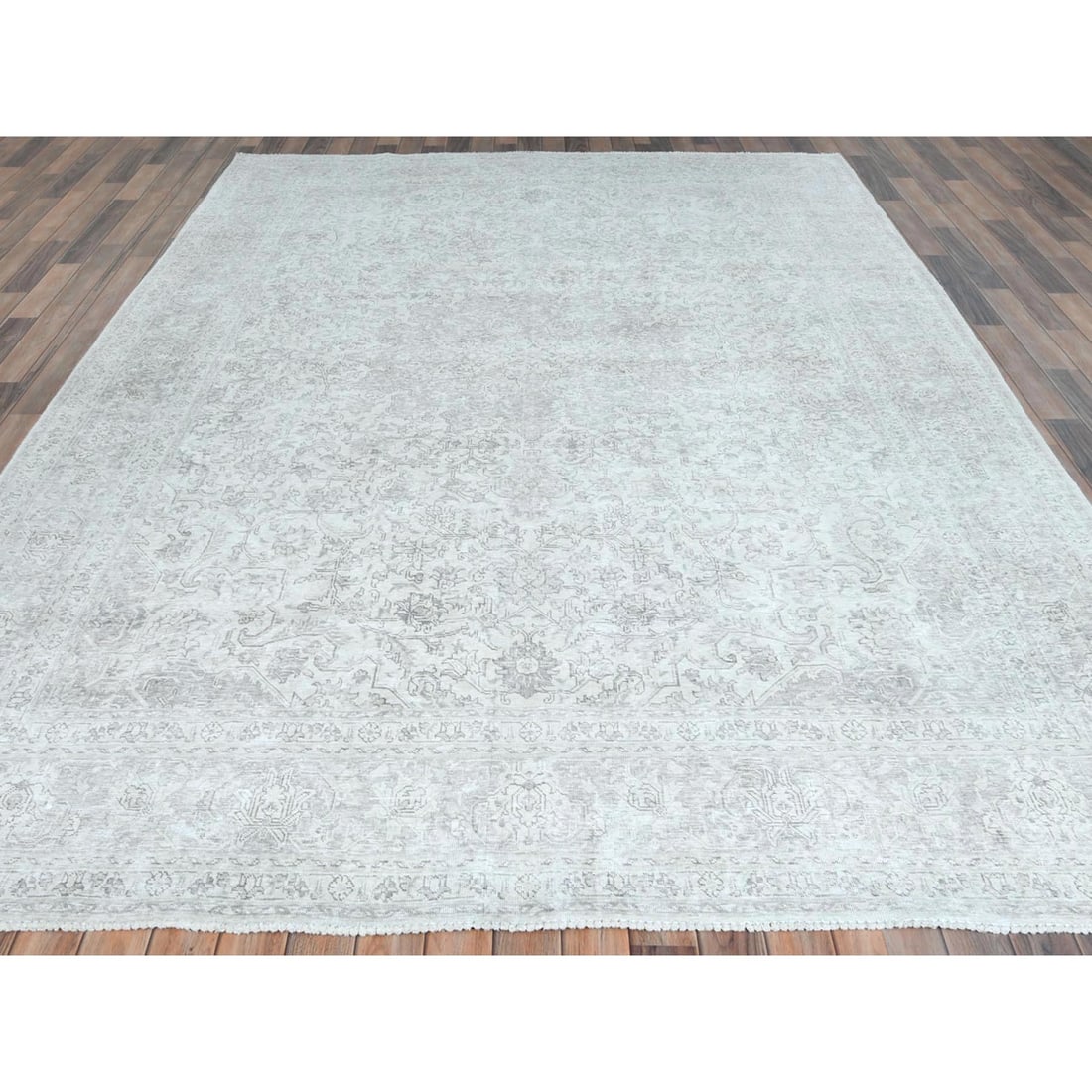 Ivory, Worn Wool Hand Knotted Vintage Persian Tabriz Oriental Rug - 3