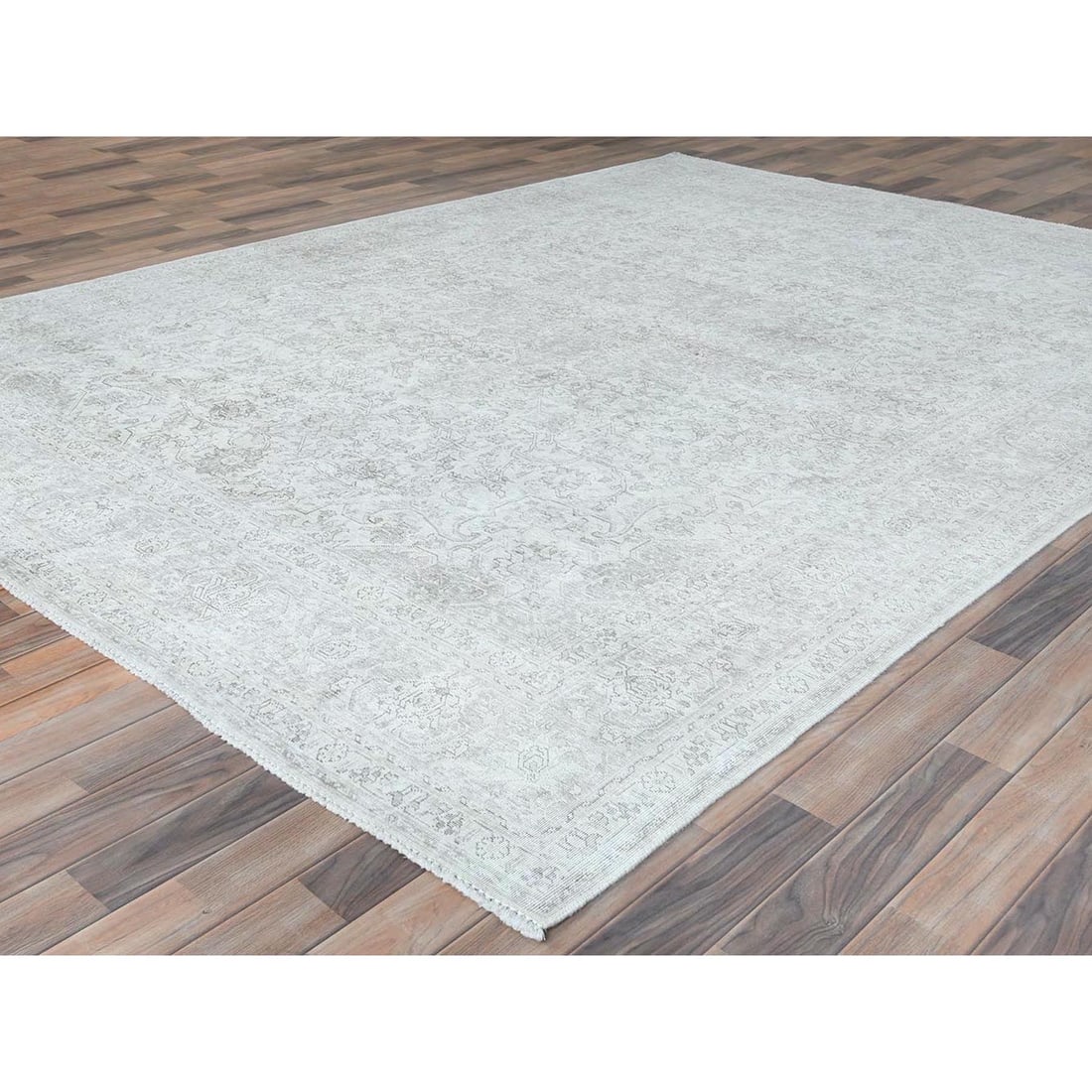 Ivory, Worn Wool Hand Knotted Vintage Persian Tabriz Oriental Rug - 4