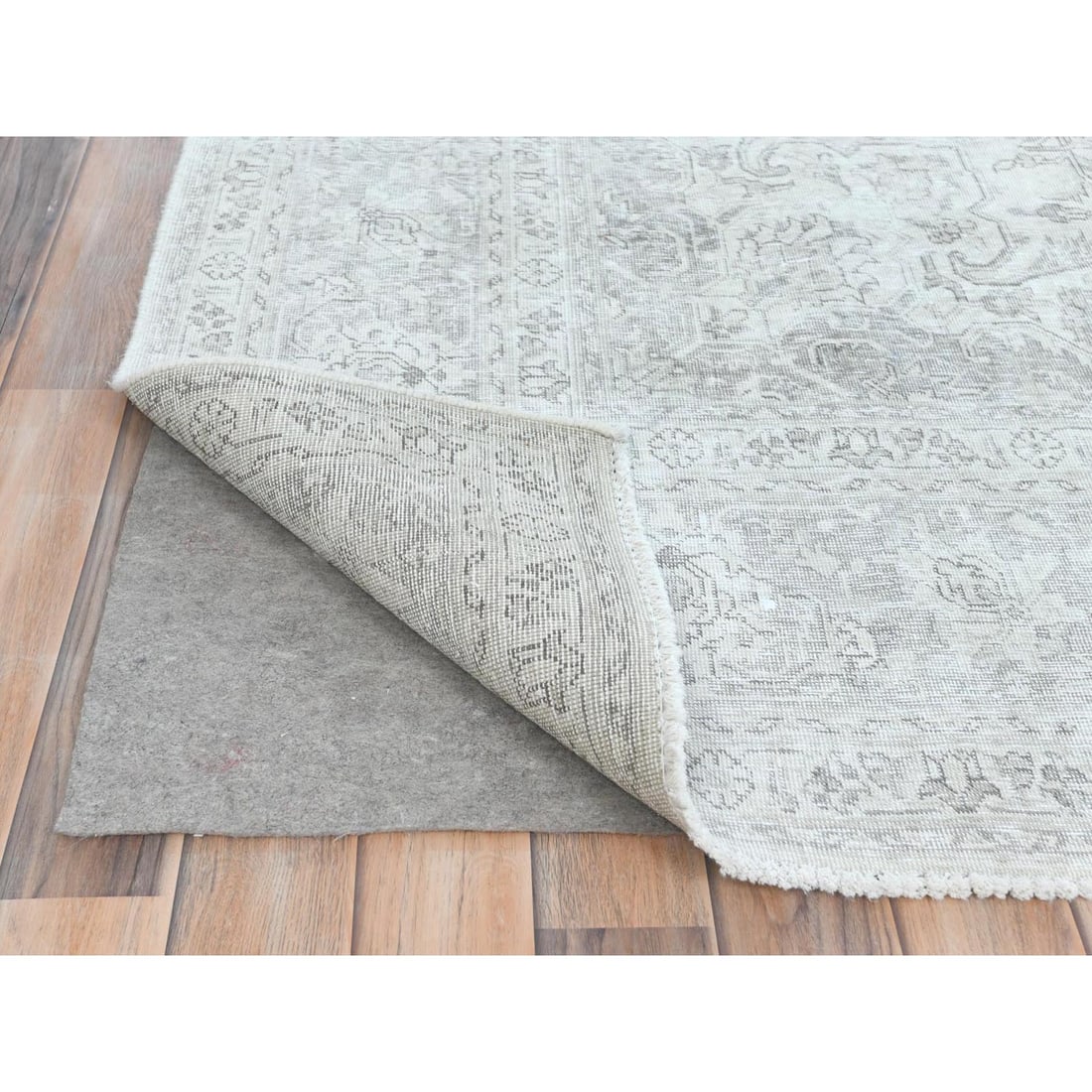 Ivory, Worn Wool Hand Knotted Vintage Persian Tabriz Oriental Rug - 5