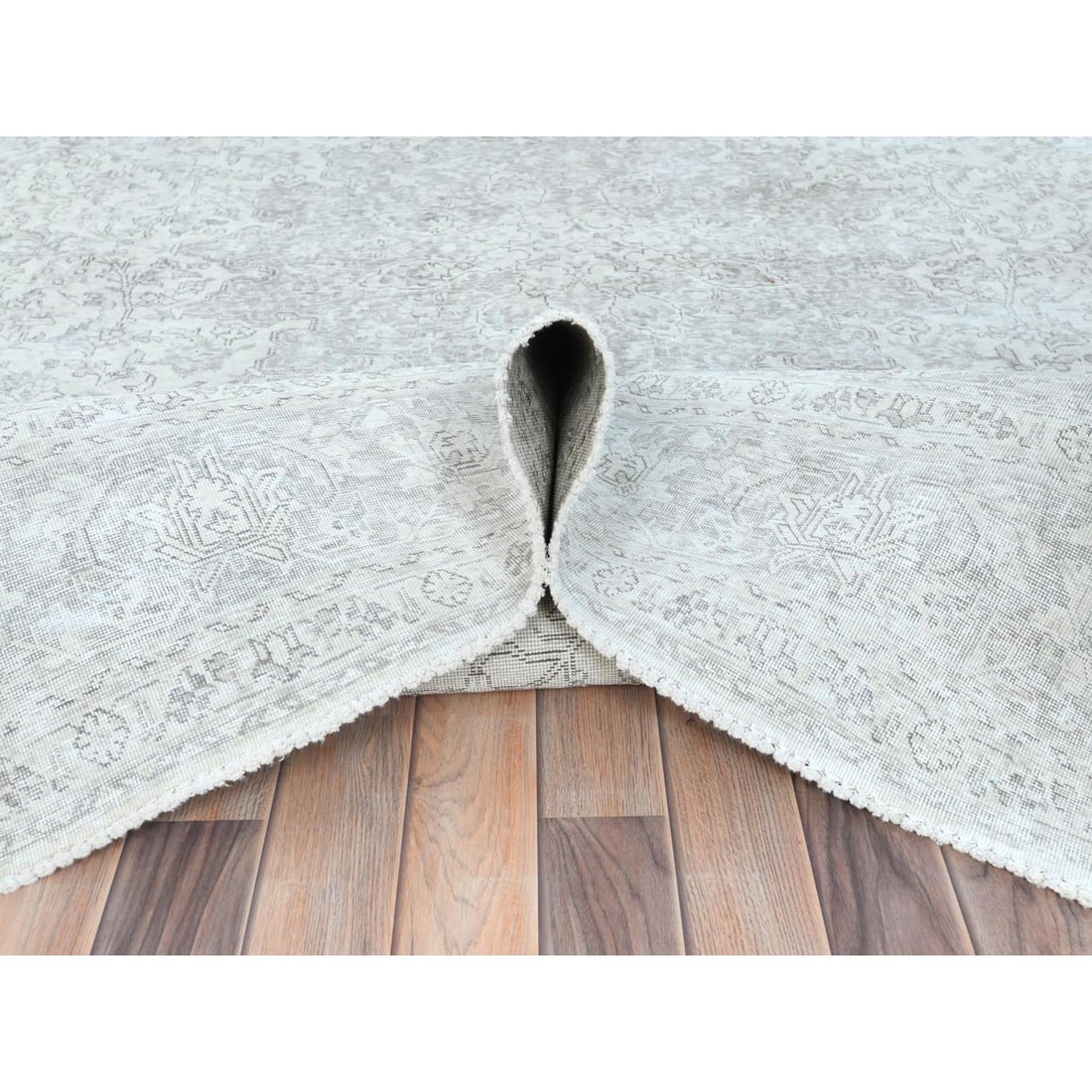 Ivory, Worn Wool Hand Knotted Vintage Persian Tabriz Oriental Rug - 6