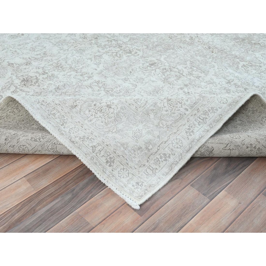Ivory, Worn Wool Hand Knotted Vintage Persian Tabriz Oriental Rug - 7