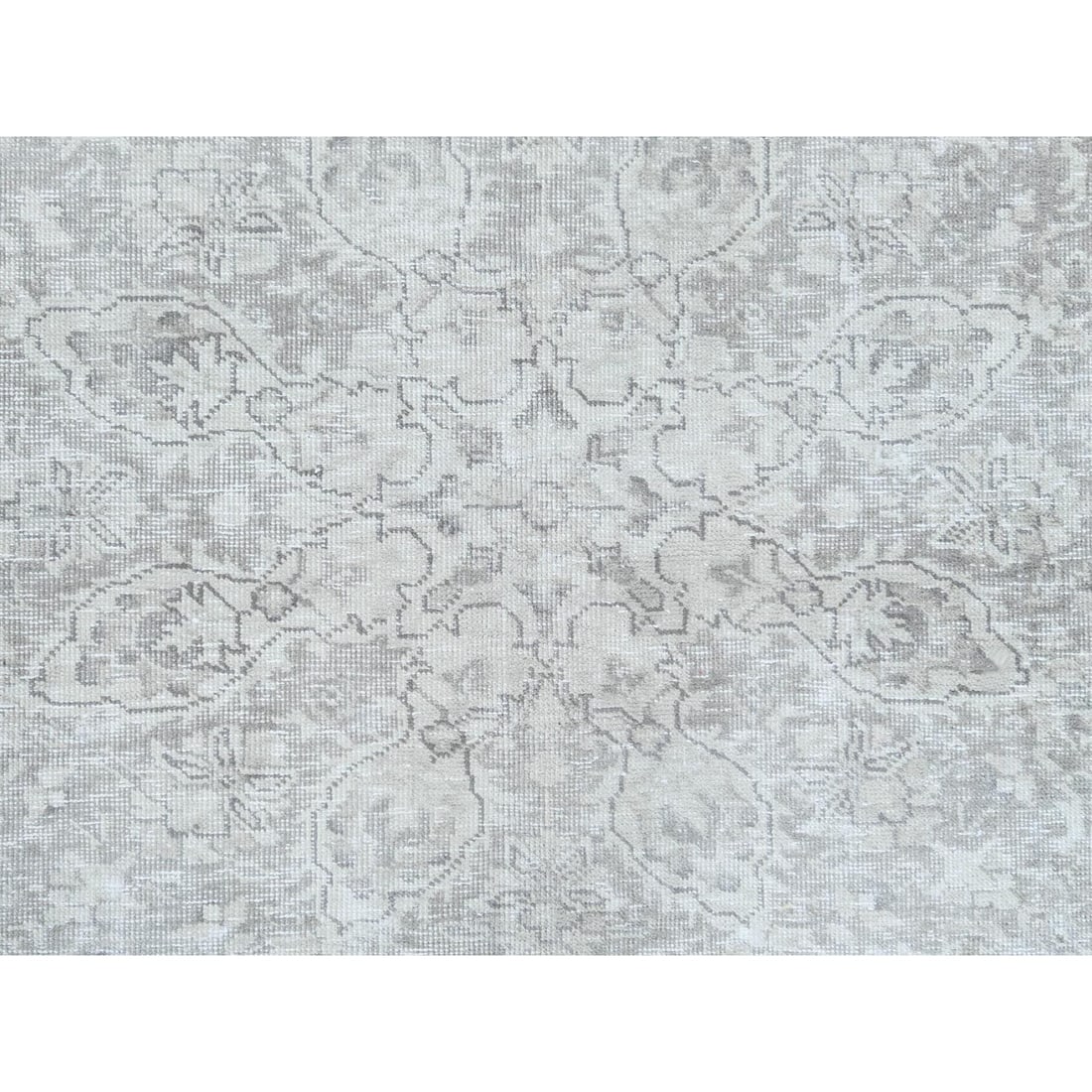 Ivory, Worn Wool Hand Knotted Vintage Persian Tabriz Oriental Rug - 9