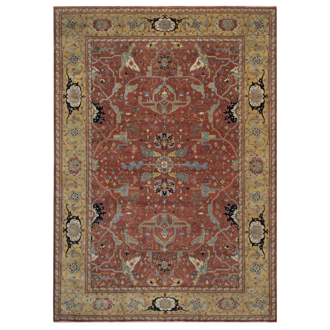 Auburn Red Antiqued Fine Heriz Re-Creation Hand Knotted Pure Wool Rug: Title: Auburn Red Antiqued Fine Heriz Re-Creation Hand Knotted Pure Wool Rug Description:This is a truly genuine one-of-a-kind. It has been Knotted for months and months in the centuries-old weaving
