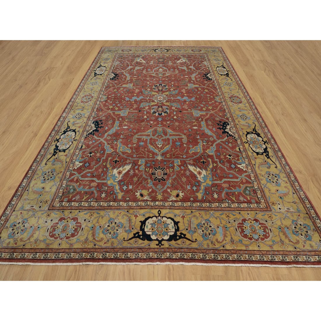 Auburn Red Antiqued Fine Heriz Re-Creation Hand Knotted Pure Wool Rug - 2
