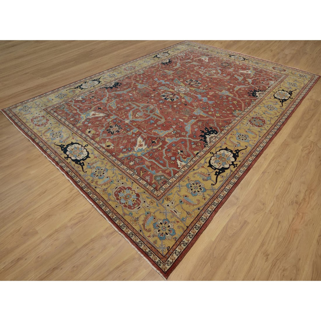 Auburn Red Antiqued Fine Heriz Re-Creation Hand Knotted Pure Wool Rug - 3