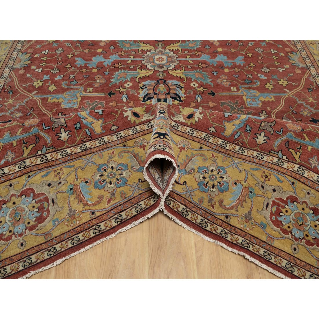 Auburn Red Antiqued Fine Heriz Re-Creation Hand Knotted Pure Wool Rug - 5