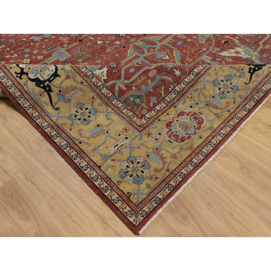 Auburn Red Antiqued Fine Heriz Re-Creation Hand Knotted Pure Wool Rug - 6