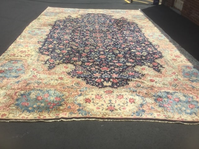 Antique Large size Ravar Kerman rug-2169: Title:Antique Large size Ravar Kerman rug-2169 Description:Beautiful all over persian kerman Lavar rug from southwest persia, all over floral desig on blue field, size 11 ft. 8 inches by 19 ft. 1