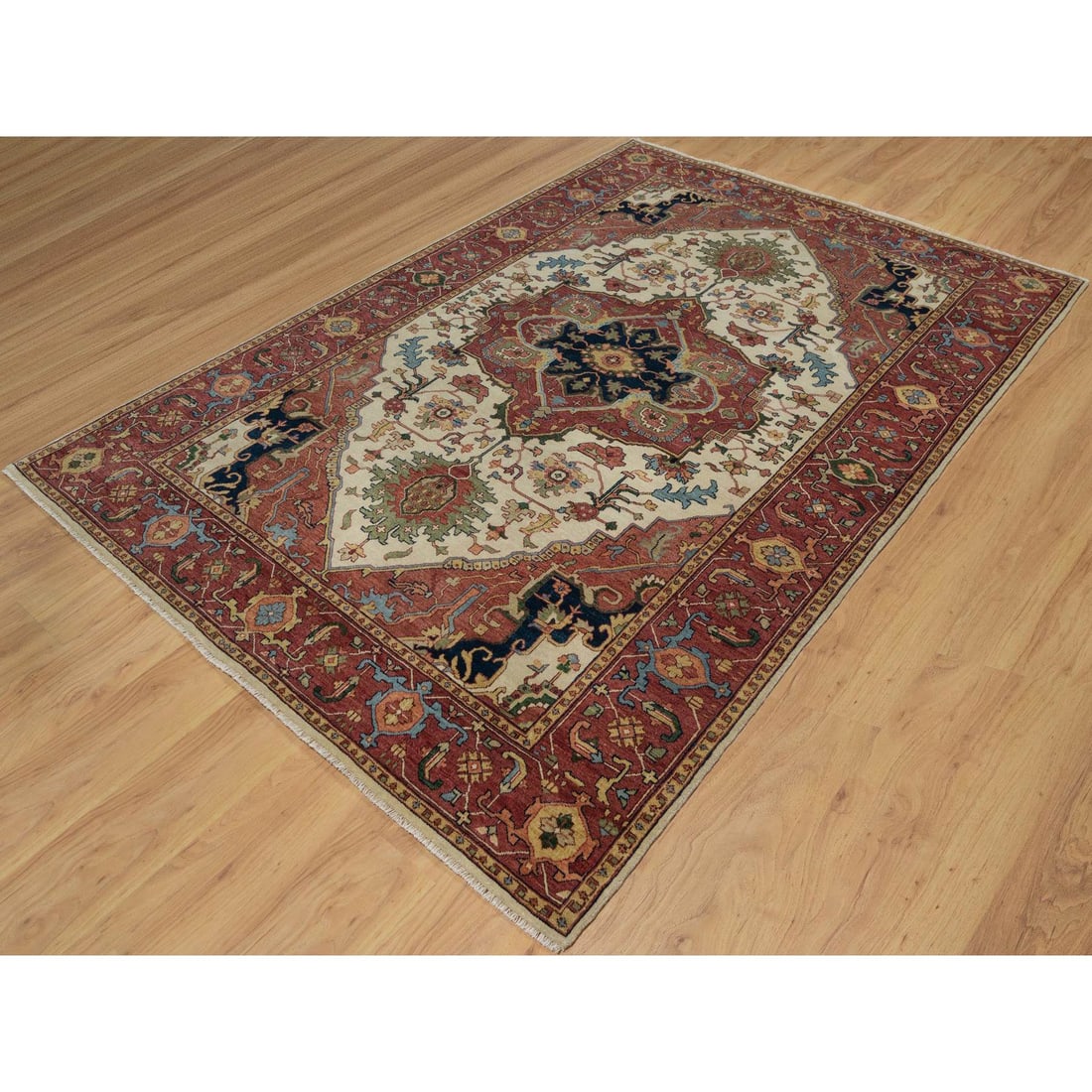 Ivory Antiqued Fine Heriz Re-Creation Hand Knotted Wool Oriental Rug - 3