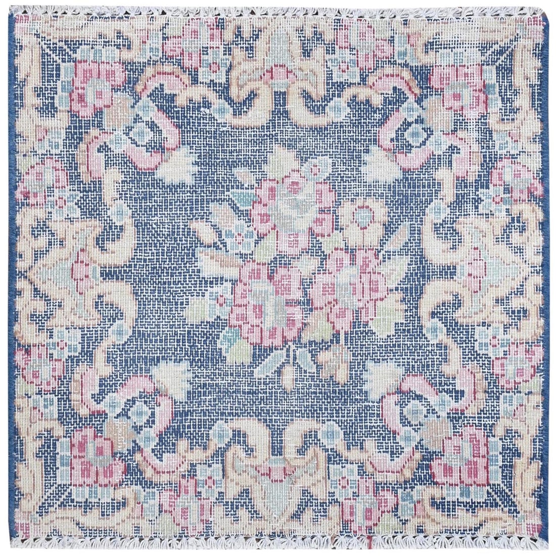 Navy Blue, Worn Wool Hand Knotted, Vintage Persian Kerman Square Rug: Title: Navy Blue, Worn Wool Hand Knotted, Vintage Persian Kerman Square Rug Description:This is a truly genuine one-of-a-kind. It has been Knotted for months and months in the centuries-old weaving cr