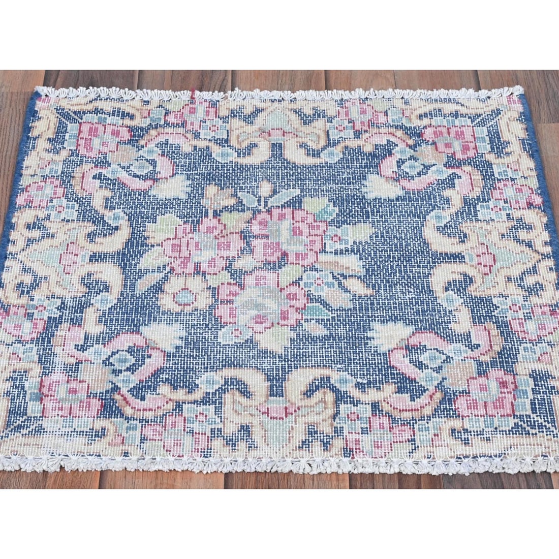 Navy Blue, Worn Wool Hand Knotted, Vintage Persian Kerman Square Rug - 2
